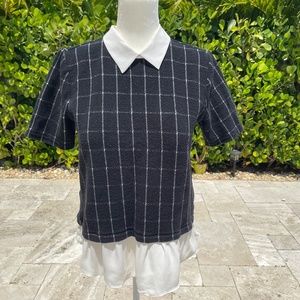 LOFT black knit top with collar and faux undershirt, size M